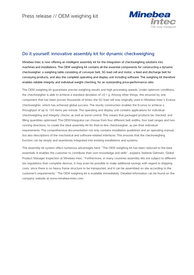 OEM weighing kit: Innovative assembly kit for dynamic checkweighing - Sartorius Croatia