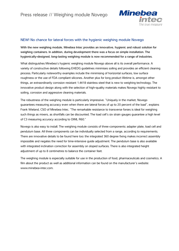 Hygenic design: Weighing module Novego - Sartorius Croatia