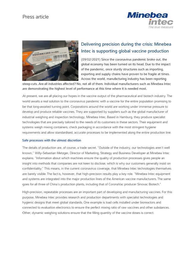 Delivering precision during the crisis: Minebea Intec is supporting global vaccine production - Sartorius Croatia