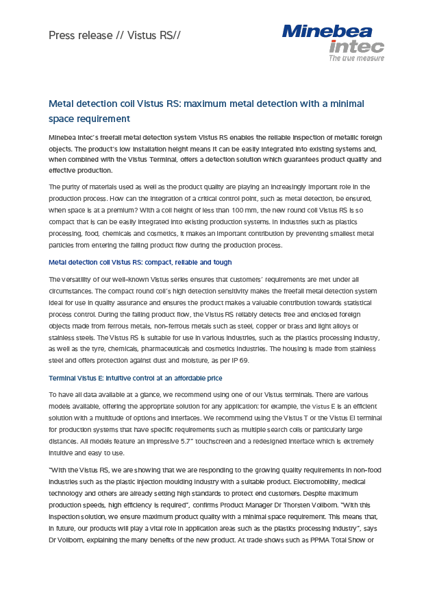 Metal detector Vistus RS with maximum detection and minimal space requirement - Sartorius Croatia